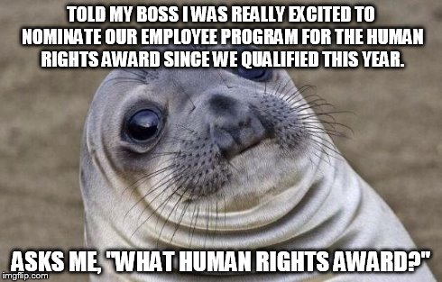 Awkward Moment Sealion Meme | TOLD MY BOSS I WAS REALLY EXCITED TO NOMINATE OUR EMPLOYEE PROGRAM FOR THE HUMAN RIGHTS AWARD SINCE WE QUALIFIED THIS YEAR. ASKS ME, "WHAT H | image tagged in memes,awkward moment sealion | made w/ Imgflip meme maker