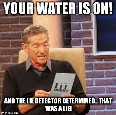 Maury Lie Detector | YOUR WATER IS ON! AND THE LIE DETECTOR DETERMINED...THAT WAS A LIE! | image tagged in memes,maury lie detector | made w/ Imgflip meme maker