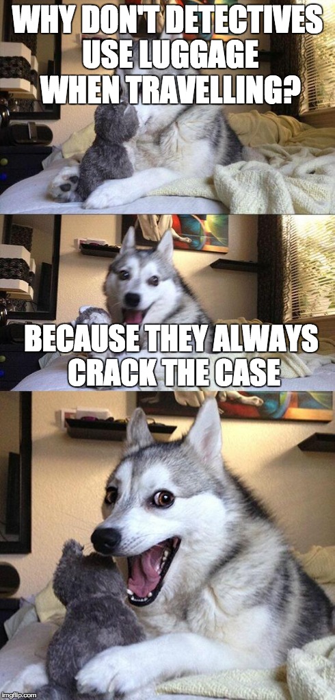 Bad Pun Dog | WHY DON'T DETECTIVES USE LUGGAGE WHEN TRAVELLING? BECAUSE THEY ALWAYS CRACK THE CASE | image tagged in memes,bad pun dog | made w/ Imgflip meme maker