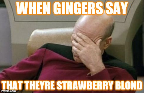 Captain Picard Facepalm | WHEN GINGERS SAY THAT THEYRE STRAWBERRY BLOND | image tagged in memes,captain picard facepalm | made w/ Imgflip meme maker