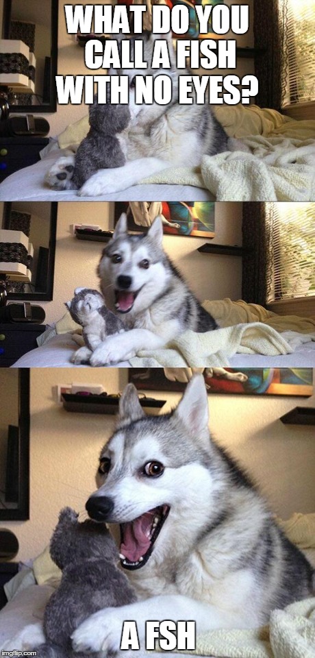 Bad Pun Dog | WHAT DO YOU CALL A FISH WITH NO EYES? A FSH | image tagged in memes,bad pun dog | made w/ Imgflip meme maker