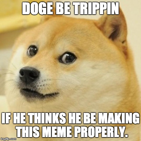 Doge Meme | DOGE BE TRIPPIN IF HE THINKS HE BE MAKING THIS MEME PROPERLY. | image tagged in memes,doge | made w/ Imgflip meme maker