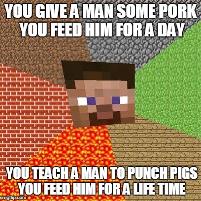Minecraft Steve | YOU GIVE A MAN SOME PORK YOU FEED HIM FOR A DAY YOU TEACH A MAN TO PUNCH PIGS YOU FEED HIM FOR A LIFE TIME | image tagged in minecraft steve | made w/ Imgflip meme maker