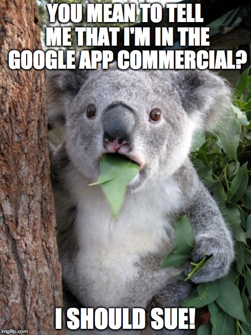 Surprised Koala Meme | YOU MEAN TO TELL ME THAT I'M IN THE GOOGLE APP COMMERCIAL? I SHOULD SUE! | image tagged in memes,surprised koala | made w/ Imgflip meme maker