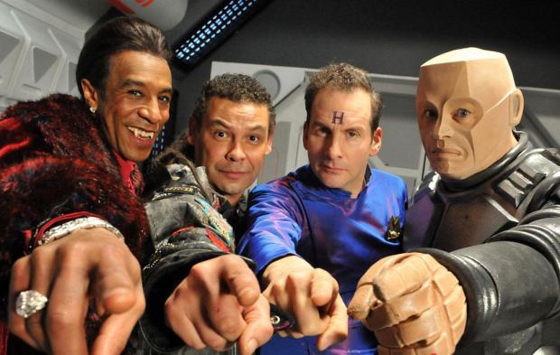 Red Dwarf crew pointing Blank Meme Template