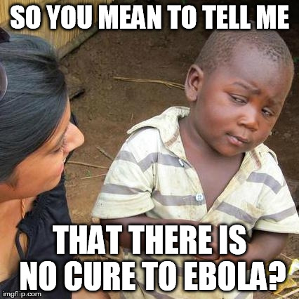 Third World Skeptical Kid | SO YOU MEAN TO TELL ME THAT THERE IS NO CURE TO EBOLA? | image tagged in memes,third world skeptical kid | made w/ Imgflip meme maker