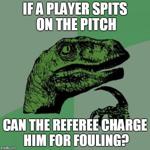 Philosoraptor | IF A PLAYER SPITS ON THE PITCH CAN THE REFEREE CHARGE HIM FOR FOULING? | image tagged in memes,philosoraptor | made w/ Imgflip meme maker