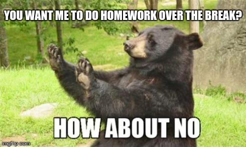 How About No Bear Meme | YOU WANT ME TO DO HOMEWORK OVER THE BREAK? | image tagged in memes,how about no bear | made w/ Imgflip meme maker