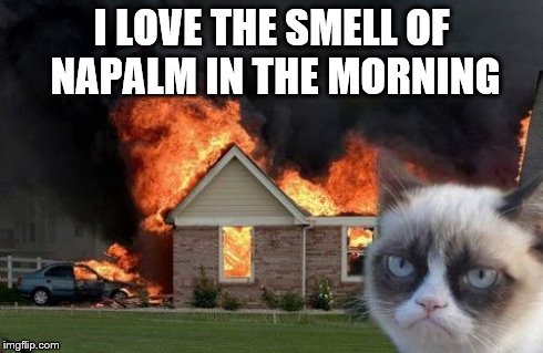 Napalm in the Morning | I LOVE THE SMELL OF NAPALM IN THE MORNING | image tagged in memes,burn kitty | made w/ Imgflip meme maker