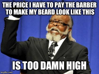 Too Damn High Meme | THE PRICE I HAVE TO PAY THE BARBER TO MAKE MY BEARD LOOK LIKE THIS IS TOO DAMN HIGH | image tagged in memes,too damn high | made w/ Imgflip meme maker