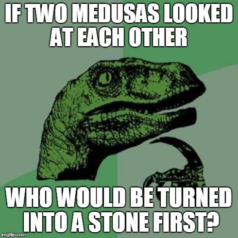 Philosoraptor Meme | IF TWO MEDUSAS LOOKED AT EACH OTHER WHO WOULD BE TURNED INTO A STONE FIRST? | image tagged in memes,philosoraptor | made w/ Imgflip meme maker
