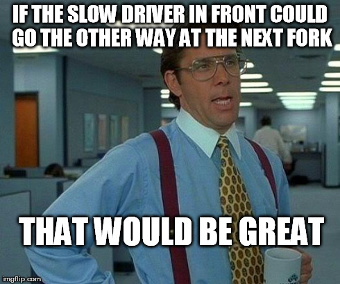 It doesn't happen often enough | IF THE SLOW DRIVER IN FRONT COULD GO THE OTHER WAY AT THE NEXT FORK THAT WOULD BE GREAT | image tagged in memes,that would be great,bad drivers | made w/ Imgflip meme maker