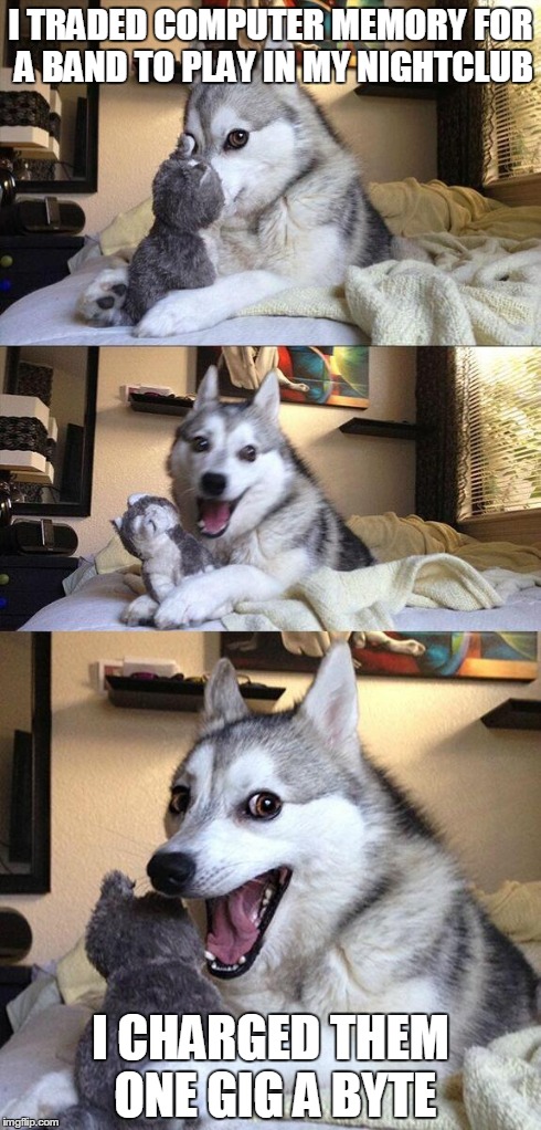 Bad Pun Dog | I TRADED COMPUTER MEMORY FOR A BAND TO PLAY IN MY NIGHTCLUB I CHARGED THEM ONE GIG A BYTE | image tagged in memes,bad pun dog | made w/ Imgflip meme maker