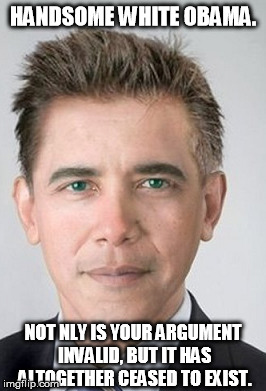 HANDSOME WHITE OBAMA. NOT NLY IS YOUR ARGUMENT INVALID, BUT IT HAS ALTOGETHER CEASED TO EXIST. | image tagged in obama | made w/ Imgflip meme maker