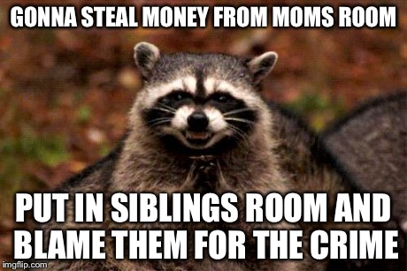 Evil Plotting Raccoon | GONNA STEAL MONEY FROM MOMS ROOM PUT IN SIBLINGS ROOM AND BLAME THEM FOR THE CRIME | image tagged in memes,evil plotting raccoon | made w/ Imgflip meme maker
