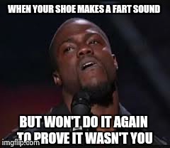 Kevin Hart | WHEN YOUR SHOE MAKES A FART SOUND BUT WON'T DO IT AGAIN TO PROVE IT WASN'T YOU | image tagged in kevin hart | made w/ Imgflip meme maker