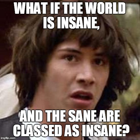 Conspiracy Keanu Meme | WHAT IF THE WORLD IS INSANE, AND THE SANE ARE CLASSED AS INSANE? | image tagged in memes,conspiracy keanu | made w/ Imgflip meme maker