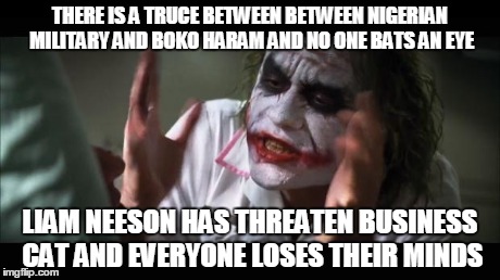 And everybody loses their minds | THERE IS A TRUCE BETWEEN BETWEEN NIGERIAN MILITARY AND BOKO HARAM AND NO ONE BATS AN EYE LIAM NEESON HAS THREATEN BUSINESS CAT AND EVERYONE  | image tagged in memes,and everybody loses their minds | made w/ Imgflip meme maker