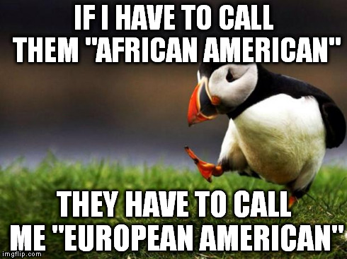 Unpopular Opinion Puffin | IF I HAVE TO CALL THEM "AFRICAN AMERICAN" THEY HAVE TO CALL ME "EUROPEAN AMERICAN" | image tagged in memes,unpopular opinion puffin | made w/ Imgflip meme maker