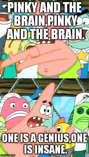 Am I the only one that noticed this? | PINKY AND THE BRAIN,PINKY AND THE BRAIN. ONE IS A GENIUS,ONE IS INSANE. | image tagged in memes,put it somewhere else patrick | made w/ Imgflip meme maker