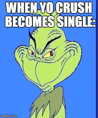 Good Grinch | WHEN YO CRUSH BECOMES SINGLE: | image tagged in good grinch | made w/ Imgflip meme maker