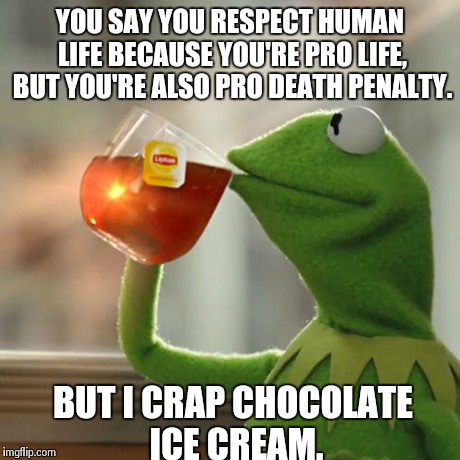 But That's None Of My Business | YOU SAY YOU RESPECT HUMAN LIFE BECAUSE YOU'RE PRO LIFE, BUT YOU'RE ALSO PRO DEATH PENALTY. BUT I CRAP CHOCOLATE ICE CREAM. | image tagged in memes,but thats none of my business,kermit the frog | made w/ Imgflip meme maker