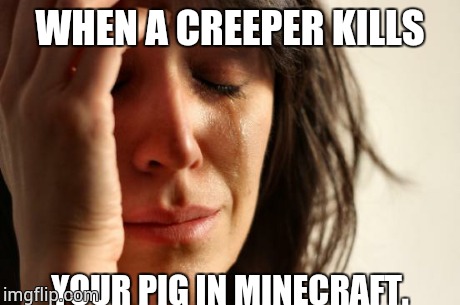 First World Problems Meme | WHEN A CREEPER KILLS YOUR PIG IN MINECRAFT. | image tagged in memes,first world problems | made w/ Imgflip meme maker