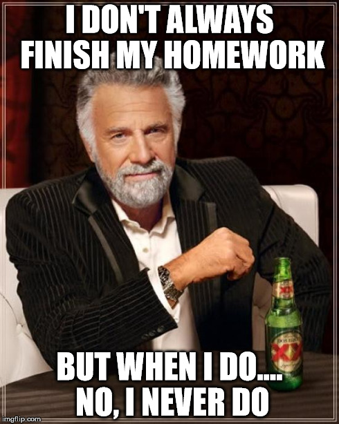 The Most Interesting Man In The World Meme | I DON'T ALWAYS FINISH MY HOMEWORK BUT WHEN I DO.... NO, I NEVER DO | image tagged in memes,the most interesting man in the world | made w/ Imgflip meme maker