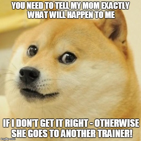 Doge Meme | YOU NEED TO TELL MY MOM EXACTLY WHAT WILL HAPPEN TO ME IF I DON'T GET IT RIGHT - OTHERWISE SHE GOES TO ANOTHER TRAINER! | image tagged in memes,doge | made w/ Imgflip meme maker