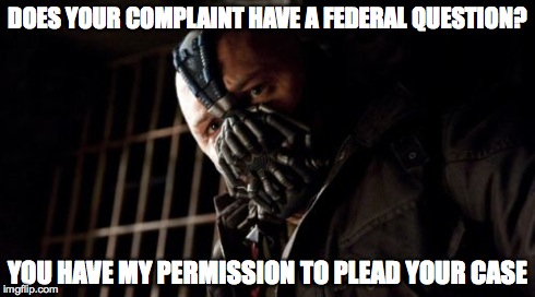 Permission Bane | DOES YOUR COMPLAINT HAVE A FEDERAL QUESTION? YOU HAVE MY PERMISSION TO PLEAD YOUR CASE | image tagged in memes,permission bane | made w/ Imgflip meme maker