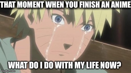 Finishing anime | THAT MOMENT WHEN YOU FINISH AN ANIME WHAT DO I DO WITH MY LIFE NOW? | image tagged in finishing anime | made w/ Imgflip meme maker