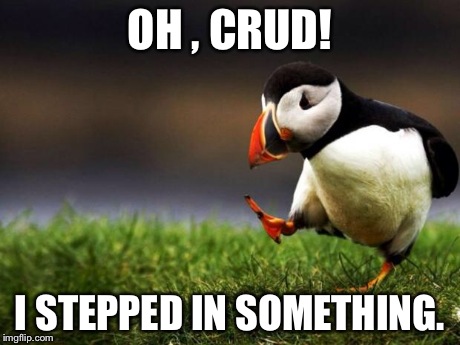 Unpopular Opinion Puffin Meme | OH , CRUD! I STEPPED IN SOMETHING. | image tagged in memes,unpopular opinion puffin | made w/ Imgflip meme maker