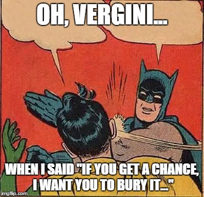 Batman Slapping Robin | OH, VERGINI... WHEN I SAID "IF YOU GET A CHANCE, I WANT YOU TO BURY IT..." | image tagged in memes,batman slapping robin | made w/ Imgflip meme maker