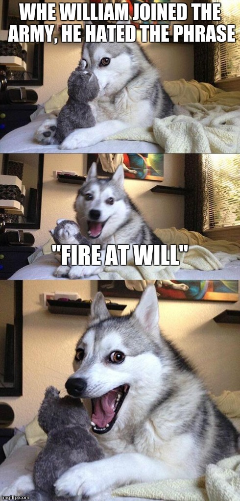 Bad Pun Dog Meme | WHE WILLIAM JOINED THE ARMY, HE HATED THE PHRASE "FIRE AT WILL" | image tagged in memes,bad pun dog | made w/ Imgflip meme maker