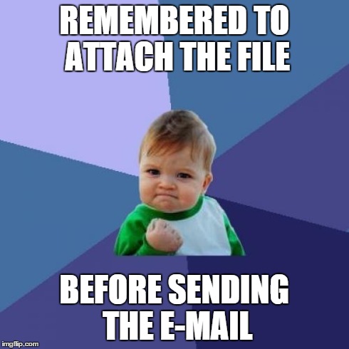Success Kid | REMEMBERED TO ATTACH THE FILE BEFORE SENDING THE E-MAIL | image tagged in memes,success kid | made w/ Imgflip meme maker