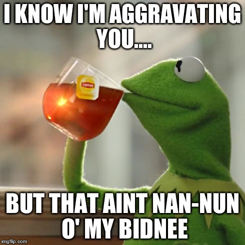 But That's None Of My Business Meme | I KNOW I'M AGGRAVATING YOU.... BUT THAT AINT NAN-NUN O' MY BIDNEE | image tagged in memes,but thats none of my business,kermit the frog | made w/ Imgflip meme maker