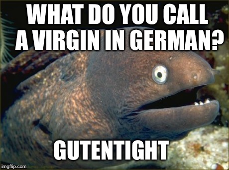 Bad Joke Eel Meme | WHAT DO YOU CALL A VIRGIN IN GERMAN? GUTENTIGHT | image tagged in memes,bad joke eel | made w/ Imgflip meme maker
