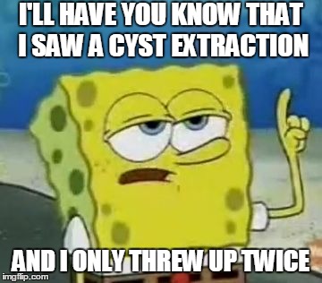 I'll Have You Know Spongebob | I'LL HAVE YOU KNOW THAT I SAW A CYST EXTRACTION AND I ONLY THREW UP TWICE | image tagged in memes,ill have you know spongebob | made w/ Imgflip meme maker