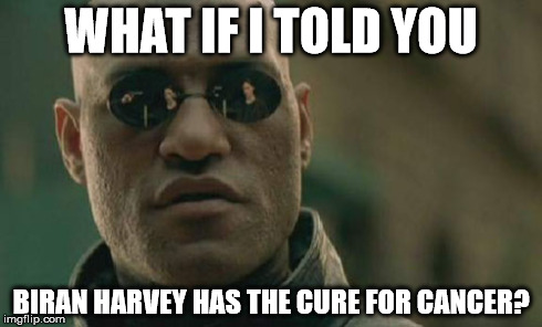 Matrix Morpheus | WHAT IF I TOLD YOU BIRAN HARVEY HAS THE CURE FOR CANCER? | image tagged in memes,matrix morpheus | made w/ Imgflip meme maker