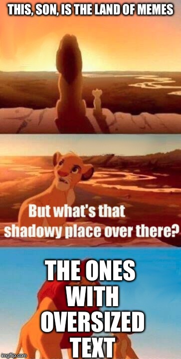 Simba Shadowy Place | THIS, SON, IS THE LAND OF MEMES THE ONES WITH OVERSIZED TEXT | image tagged in memes,simba shadowy place,lion king,imgflip,funny | made w/ Imgflip meme maker