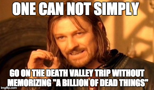 One Does Not Simply | ONE CAN NOT SIMPLY GO ON THE DEATH VALLEY TRIP WITHOUT MEMORIZING "A BILLION OF DEAD THINGS" | image tagged in memes,one does not simply | made w/ Imgflip meme maker