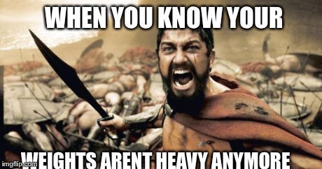 Sparta Leonidas | WHEN YOU KNOW YOUR WEIGHTS ARENT HEAVY ANYMORE | image tagged in memes,sparta leonidas | made w/ Imgflip meme maker