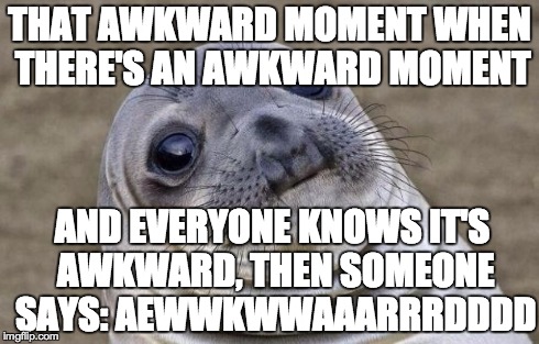 Awkward Moment Sealion | THAT AWKWARD MOMENT WHEN THERE'S AN AWKWARD MOMENT AND EVERYONE KNOWS IT'S AWKWARD, THEN SOMEONE SAYS: AEWWKWWAAARRRDDDD | image tagged in memes,awkward moment sealion | made w/ Imgflip meme maker