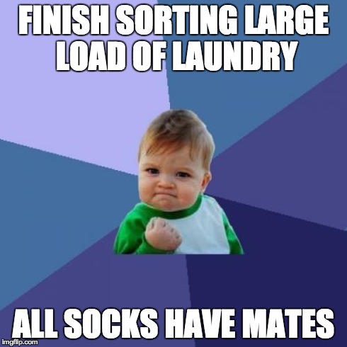 Success Kid Meme | FINISH SORTING LARGE LOAD OF LAUNDRY ALL SOCKS HAVE MATES | image tagged in memes,success kid,AdviceAnimals | made w/ Imgflip meme maker