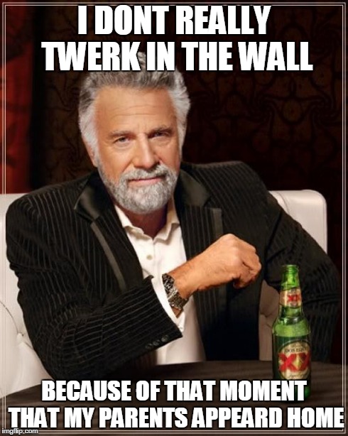 The Most Interesting Man In The World Meme | I DONT REALLY TWERK IN THE WALL BECAUSE OF THAT MOMENT THAT MY PARENTS APPEARD HOME | image tagged in memes,the most interesting man in the world | made w/ Imgflip meme maker