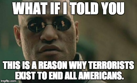 Matrix Morpheus Meme | WHAT IF I TOLD YOU THIS IS A REASON WHY TERRORISTS EXIST TO END ALL AMERICANS. | image tagged in memes,matrix morpheus | made w/ Imgflip meme maker