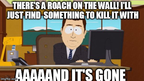 Aaaaand Its Gone Meme | THERE'S A ROACH ON THE WALL! I'LL JUST FIND  SOMETHING TO KILL IT WITH AAAAAND IT'S GONE | image tagged in memes,aaaaand its gone,scumbag | made w/ Imgflip meme maker