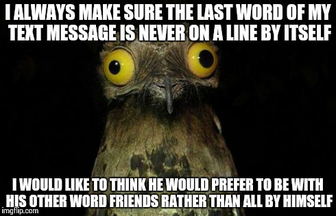 Weird Stuff I Do Potoo Meme | I ALWAYS MAKE SURE THE LAST WORD OF MY TEXT MESSAGE IS NEVER ON A LINE BY ITSELF I WOULD LIKE TO THINK HE WOULD PREFER TO BE WITH HIS OTHER  | image tagged in memes,weird stuff i do potoo | made w/ Imgflip meme maker