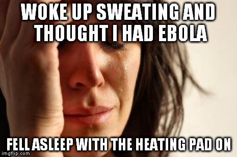 First World Problems | WOKE UP SWEATING AND THOUGHT I HAD EBOLA FELL ASLEEP WITH THE HEATING PAD ON | image tagged in memes,first world problems | made w/ Imgflip meme maker