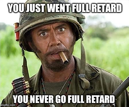 Robert Downey Jr Tropic Thunder | YOU JUST WENT FULL RETARD YOU NEVER GO FULL RETARD | image tagged in robert downey jr tropic thunder | made w/ Imgflip meme maker